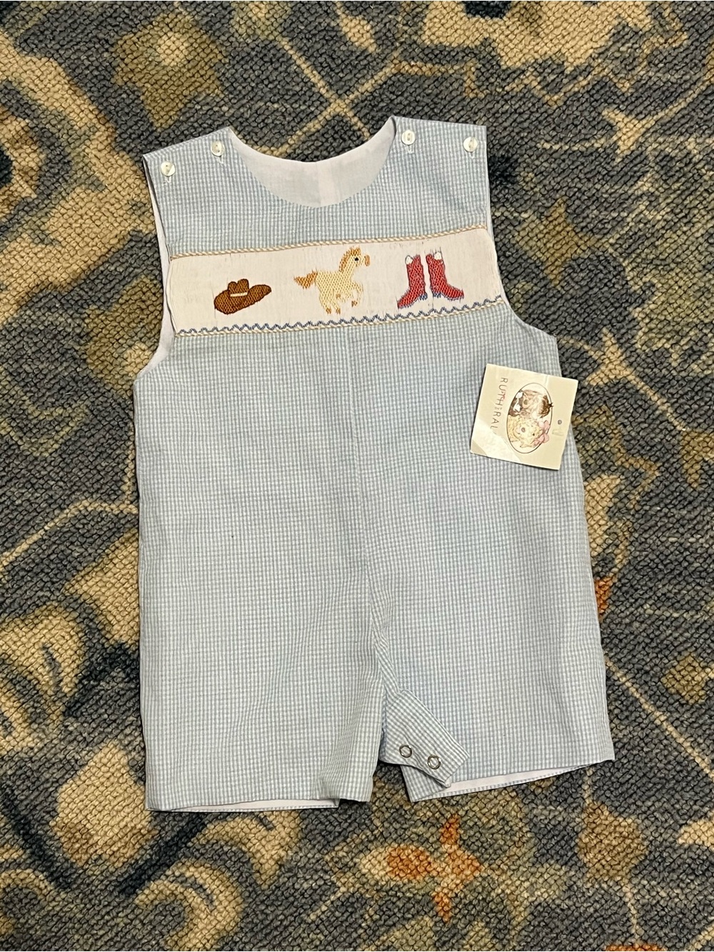 Smocked Light Blue Boys' Shortall with Cowboy Motif - Infant
